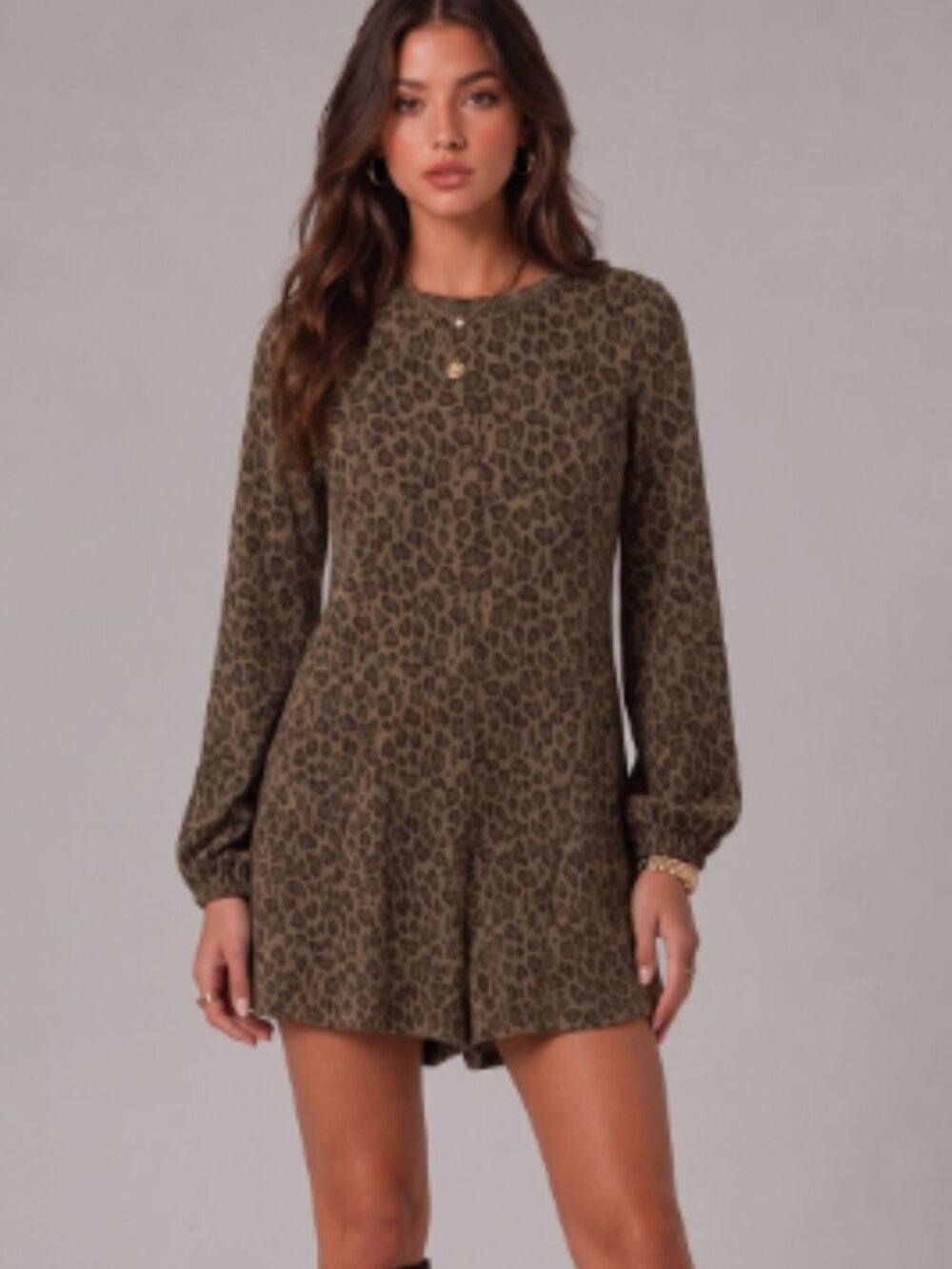 Very J- Leopard print long sleeve romper- light french terry